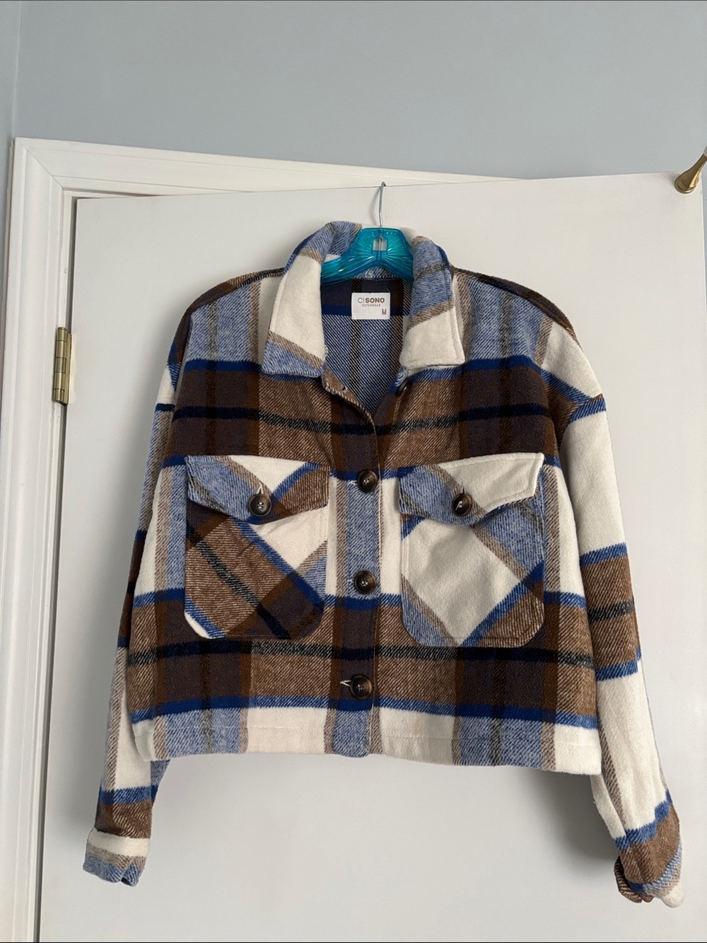 Ci Sono Plaid Shacket in Blue, Brown & Cream Medium